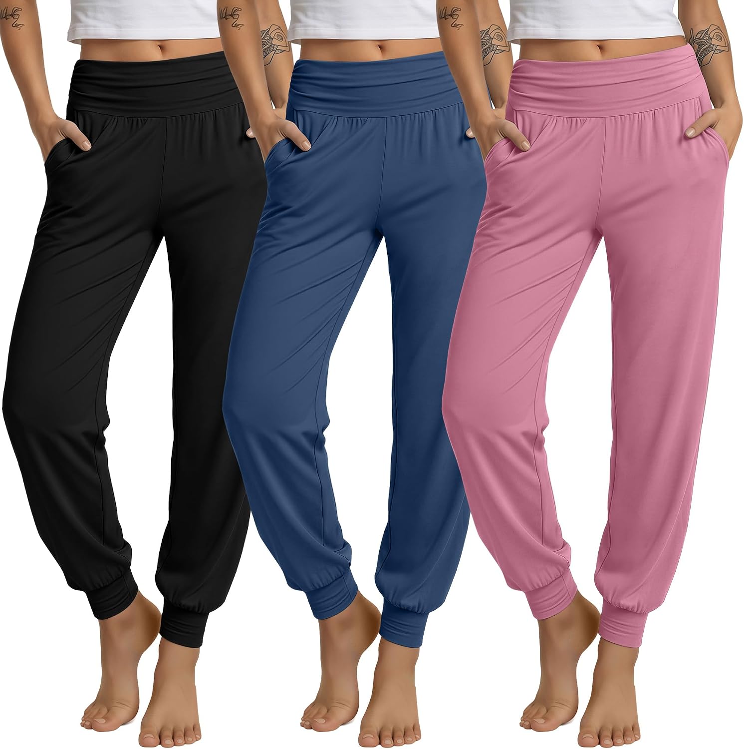 3 Pack Women's Lounge Pants Cozy Yoga Joggers with Pockets High Waisted Workout Lightweight Sweatpants Loose Fit Pants