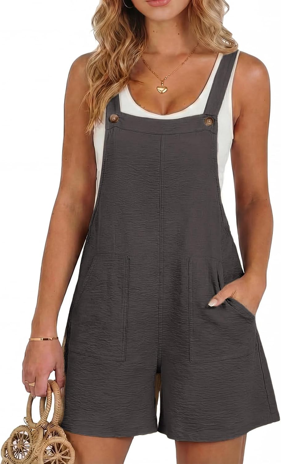 Women's Casual Rompers Loose Overalls One Piece Sleeveless Wide Leg Short Pant Jumpsuits With Pockets