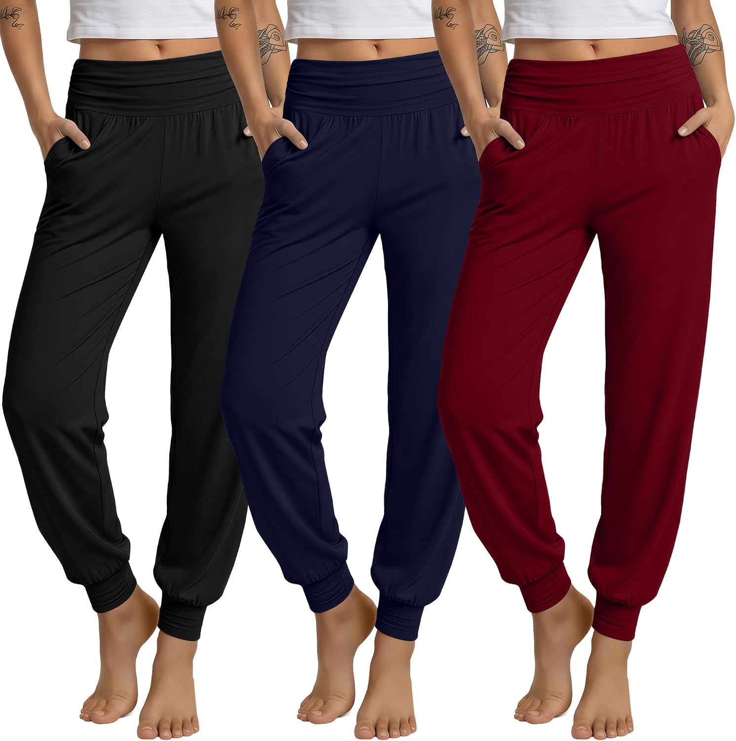 3 Pack Women's Lounge Pants Cozy Yoga Joggers with Pockets High Waisted Workout Lightweight Sweatpants Loose Fit Pants