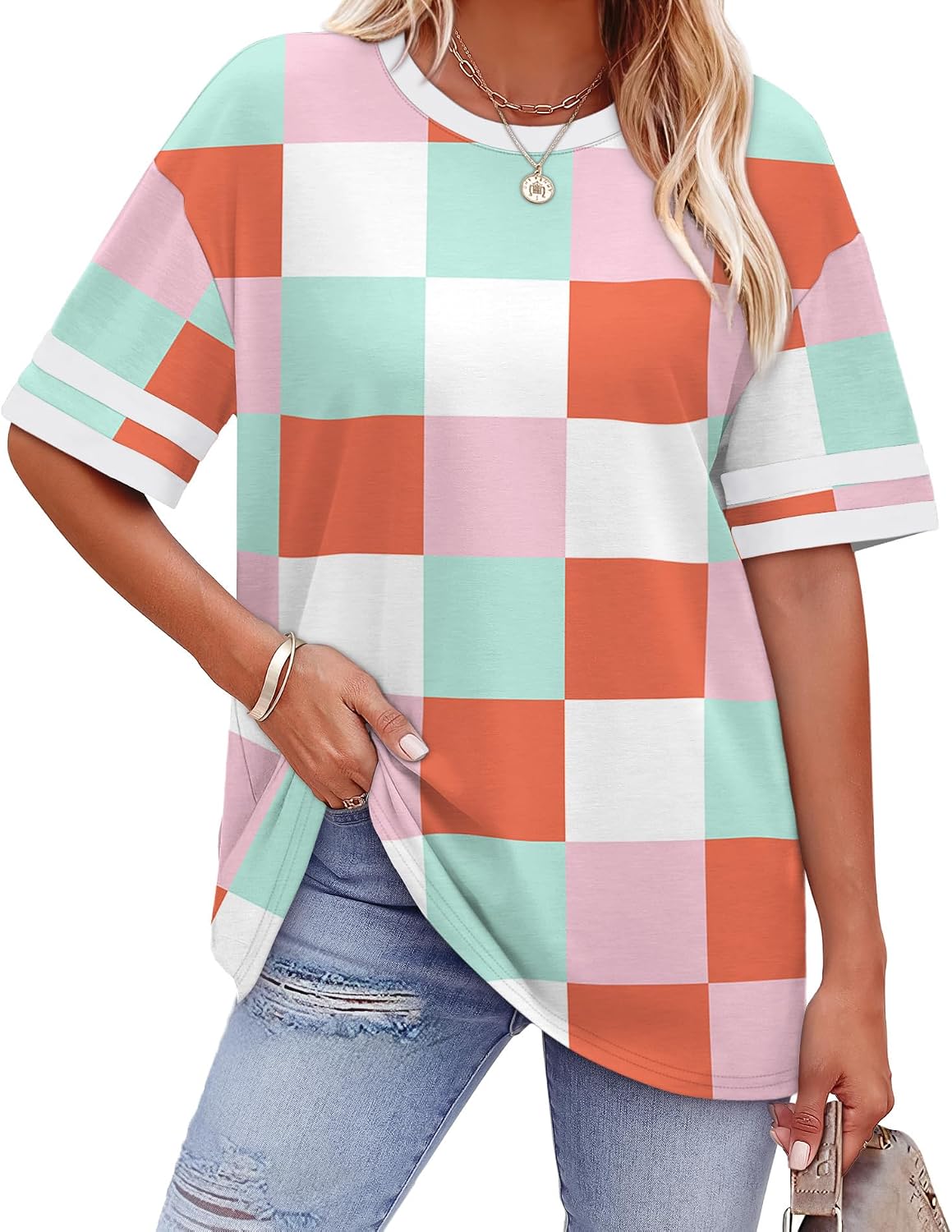 Womens T Shirts Loose Fit Short Sleeve Tees Crew Neck Color Block Summer Tops 2026 Fashion