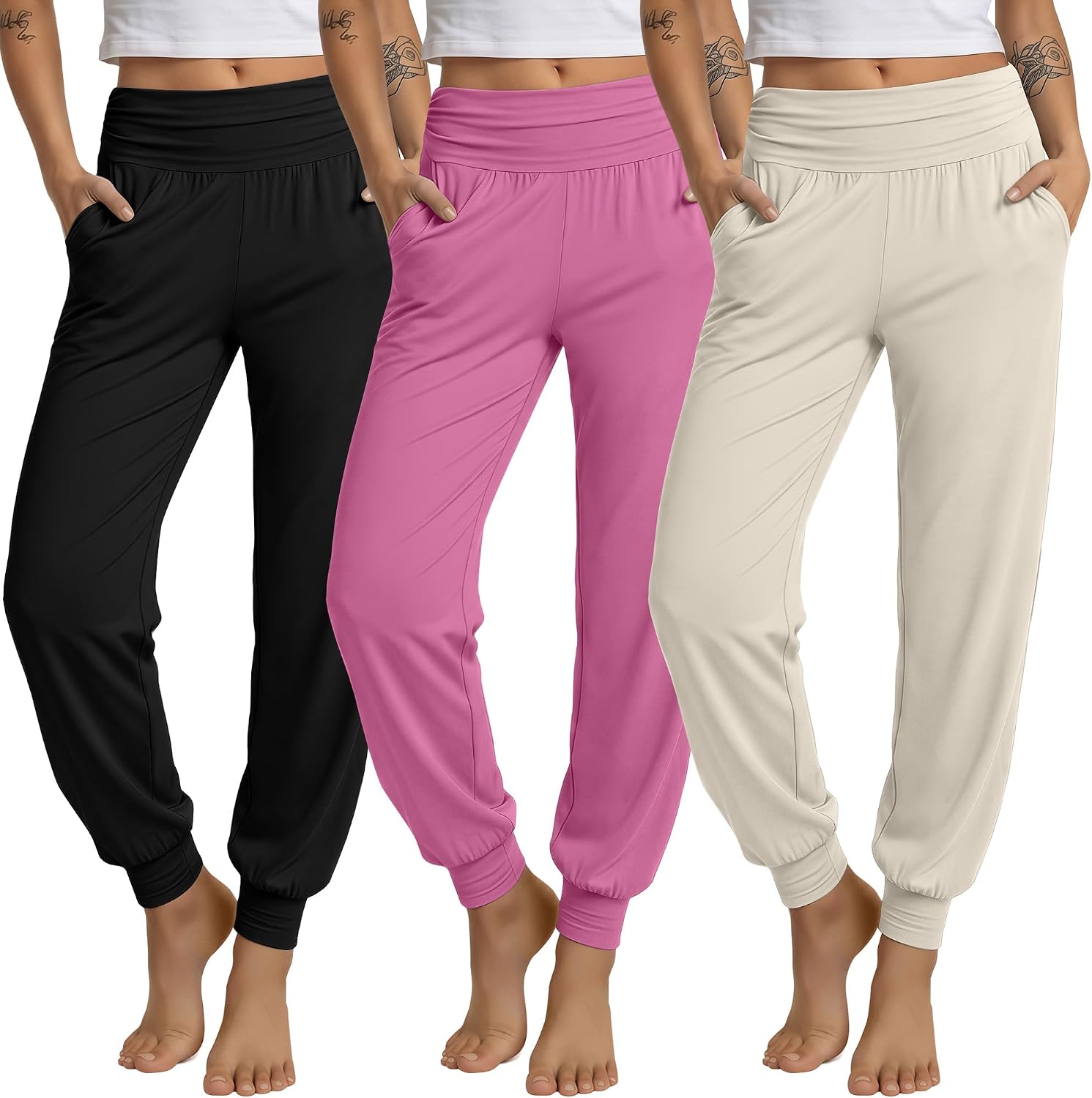3 Pack Women's Lounge Pants Cozy Yoga Joggers with Pockets High Waisted Workout Lightweight Sweatpants Loose Fit Pants