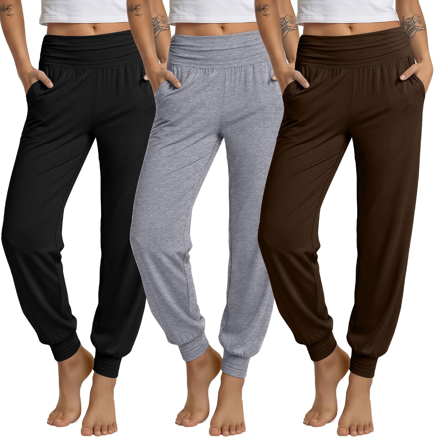 3 Pack Women's Lounge Pants Cozy Yoga Joggers with Pockets High Waisted Workout Lightweight Sweatpants Loose Fit Pants