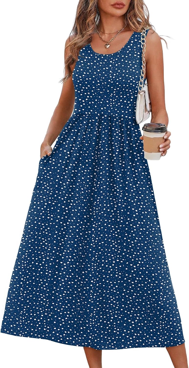 Summer Dresses for Women Flowy Casual Midi Dress Beach Vacation Sundresses with Pockets