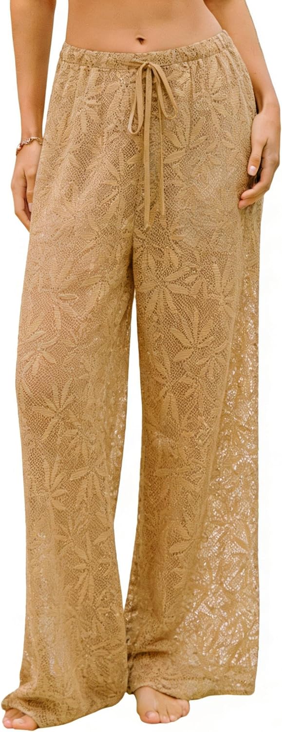 Womens Beach Cover Up Pants Sexy Crochet Drawstring Elastic Boho Swimsuit Cover Up Long Pants Beach Wear