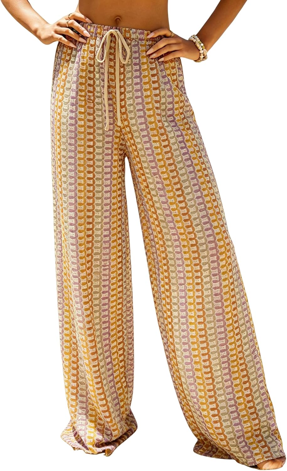 Womens Beach Cover Up Pants Sexy Crochet Drawstring Elastic Boho Swimsuit Cover Up Long Pants Beach Wear