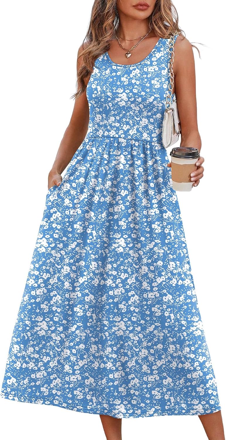 Summer Dresses for Women Flowy Casual Midi Dress Beach Vacation Sundresses with Pockets