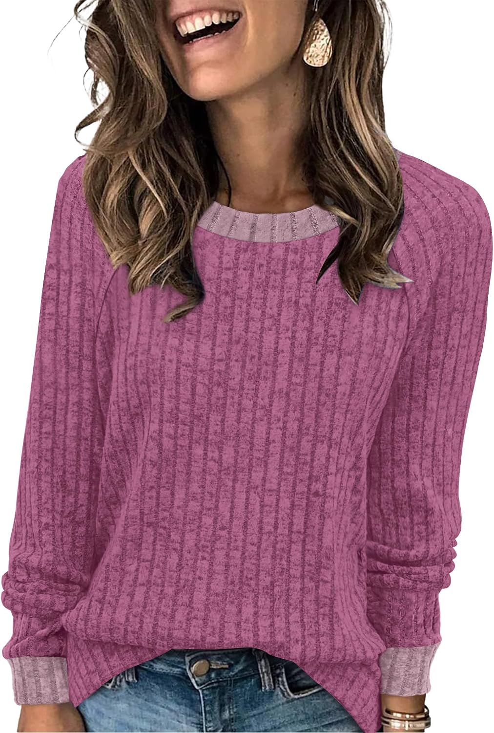 Long Sleeve Shirts for Women Lightweight Sweaters Fall Outfits 2026 Color Block Winter Clothing Dressy Casual Soft