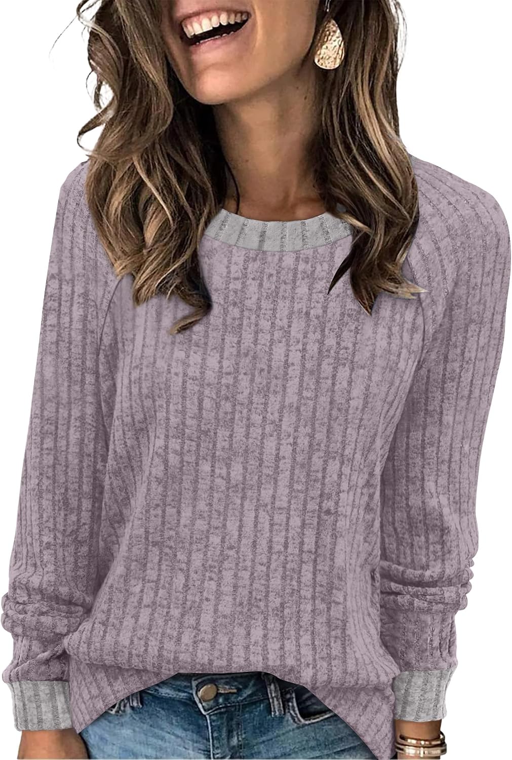 Long Sleeve Shirts for Women Lightweight Sweaters Fall Outfits 2026 Color Block Winter Clothing Dressy Casual Soft
