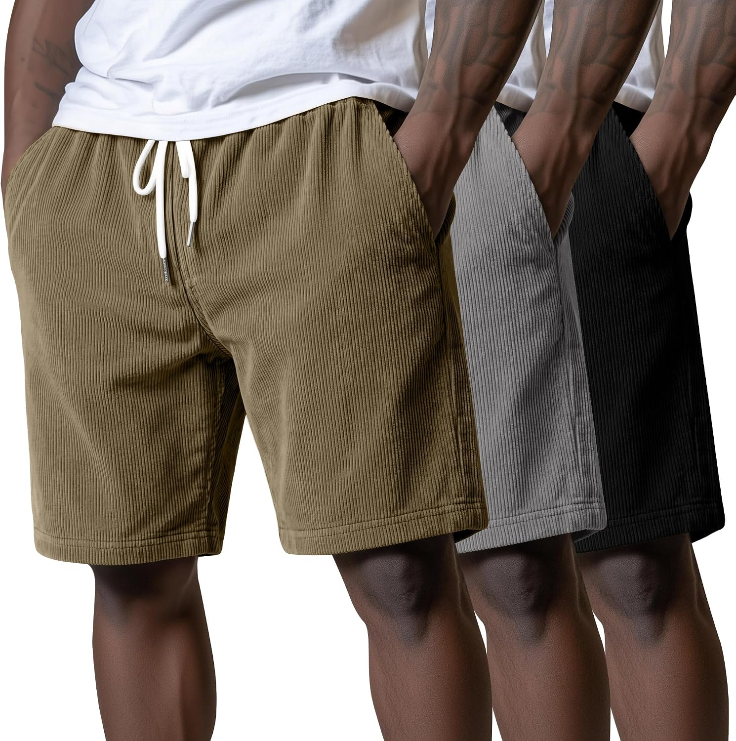 3 Pack Men's Corduroy Shorts L-5XL Big and Tall Drawstring Elastic Waist Pockets Loose Fit Casual Summer
