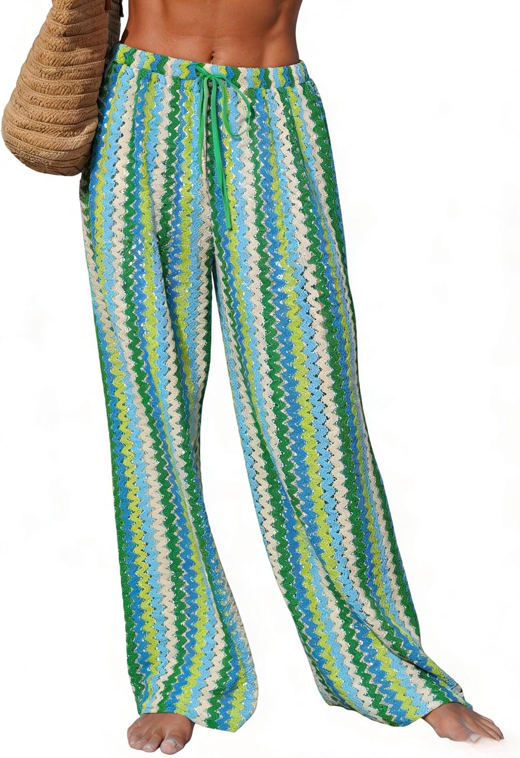 Womens Beach Cover Up Pants Sexy Crochet Drawstring Elastic Boho Swimsuit Cover Up Long Pants Beach Wear