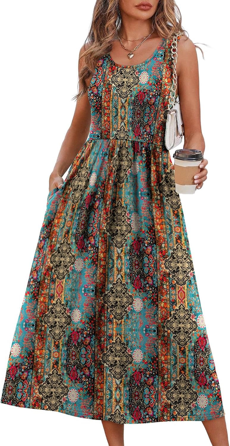 Summer Dresses for Women Flowy Casual Midi Dress Beach Vacation Sundresses with Pockets