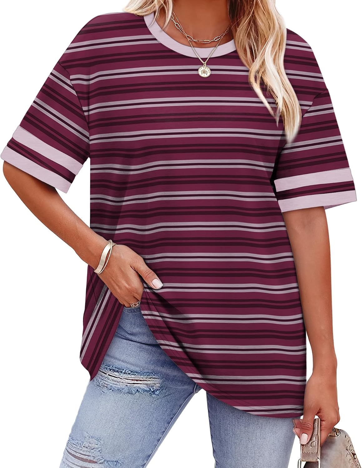 Womens T Shirts Loose Fit Short Sleeve Tees Crew Neck Color Block Summer Tops 2026 Fashion