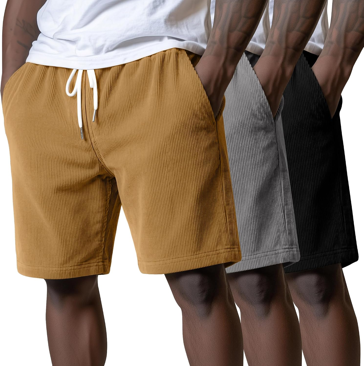 3 Pack Men's Corduroy Shorts L-5XL Big and Tall Drawstring Elastic Waist Pockets Loose Fit Casual Summer