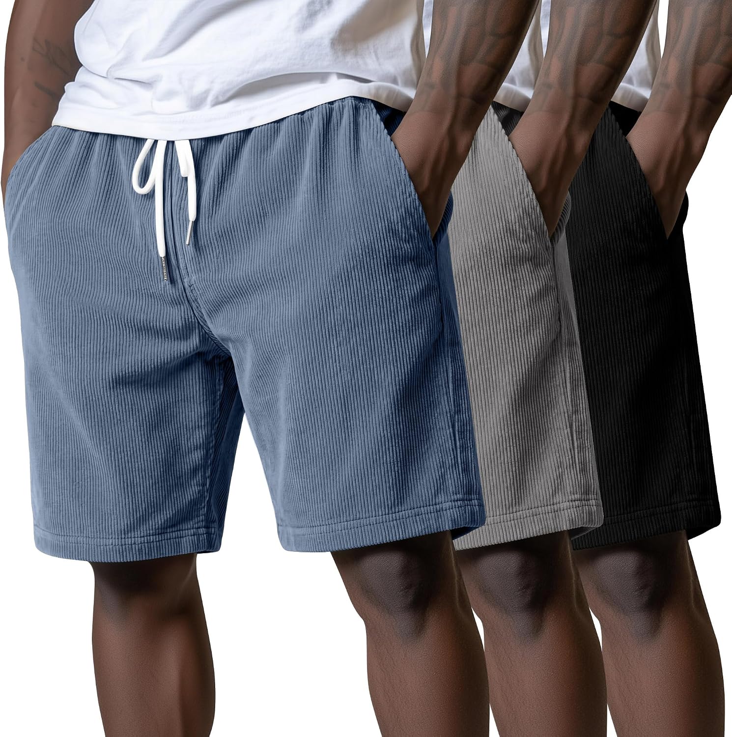 3 Pack Men's Corduroy Shorts L-5XL Big and Tall Drawstring Elastic Waist Pockets Loose Fit Casual Summer