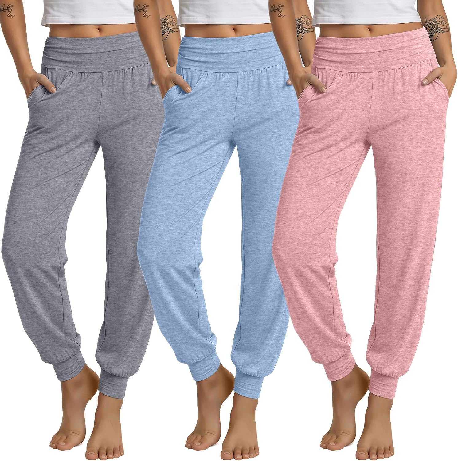 3 Pack Women's Lounge Pants Cozy Yoga Joggers with Pockets High Waisted Workout Lightweight Sweatpants Loose Fit Pants