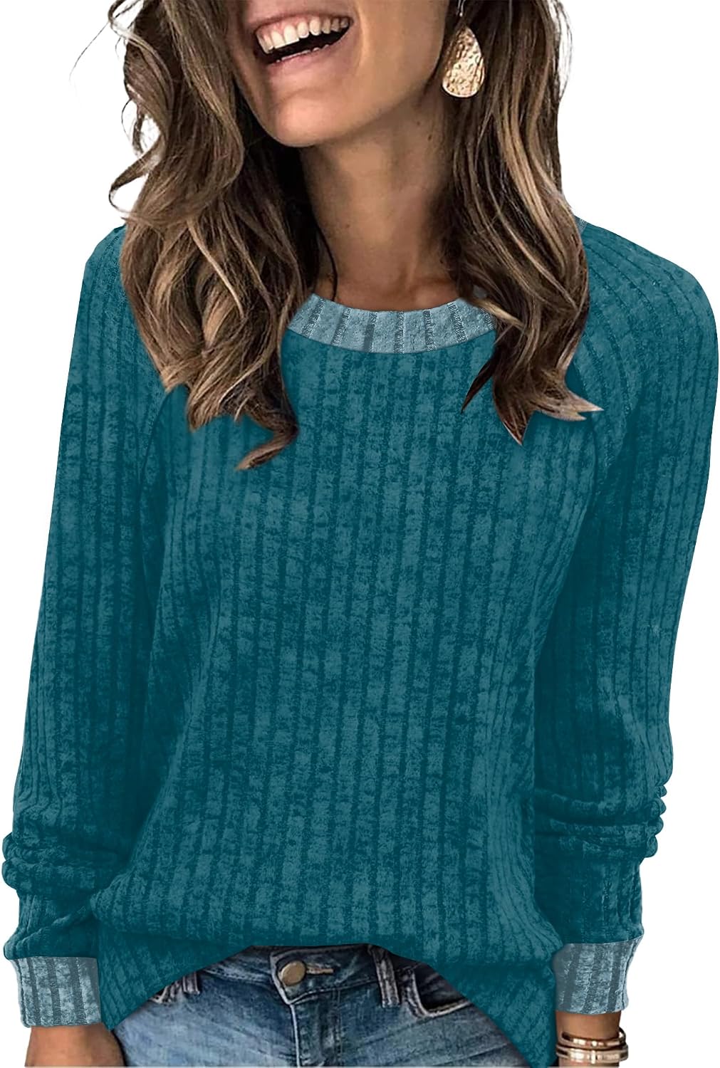Long Sleeve Shirts for Women Lightweight Sweaters Fall Outfits 2026 Color Block Winter Clothing Dressy Casual Soft