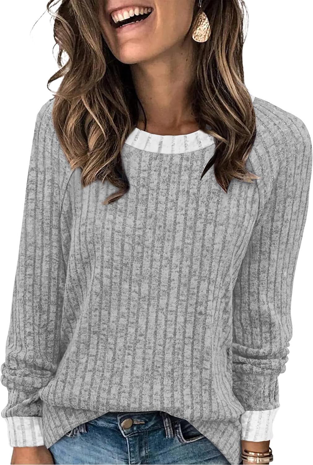 Long Sleeve Shirts for Women Lightweight Sweaters Fall Outfits 2026 Color Block Winter Clothing Dressy Casual Soft