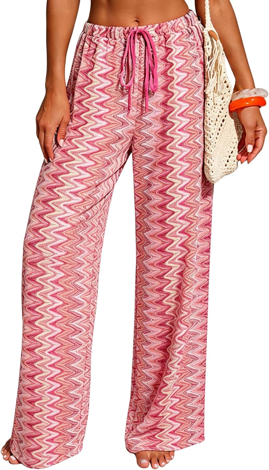Womens Beach Cover Up Pants Sexy Crochet Drawstring Elastic Boho Swimsuit Cover Up Long Pants Beach Wear
