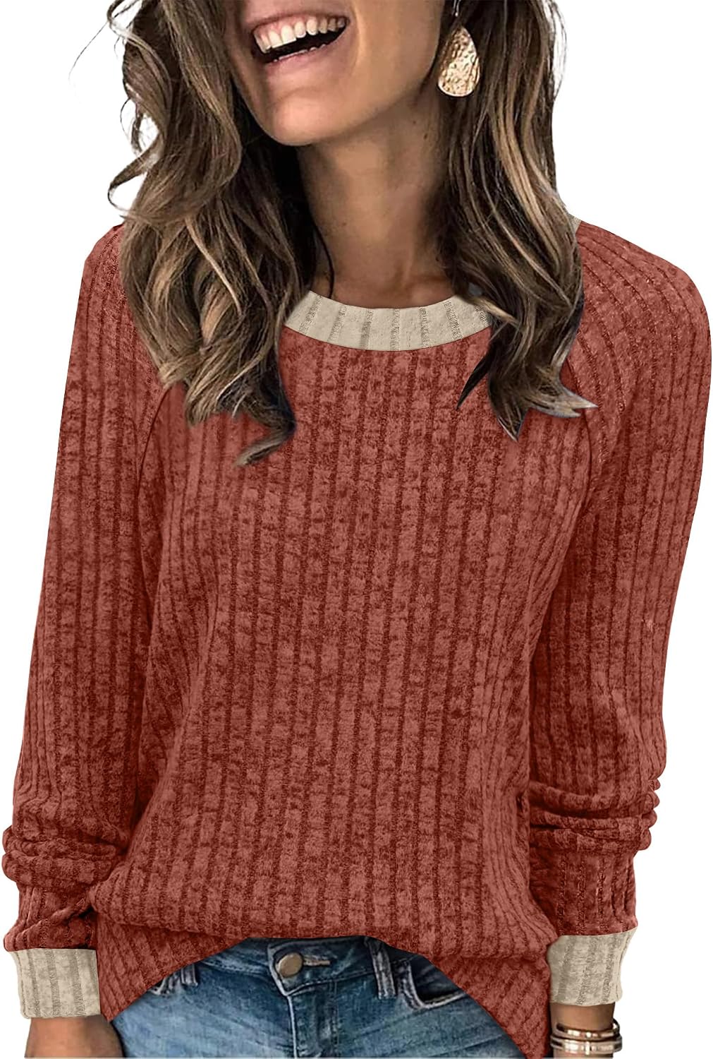 Long Sleeve Shirts for Women Lightweight Sweaters Fall Outfits 2026 Color Block Winter Clothing Dressy Casual Soft