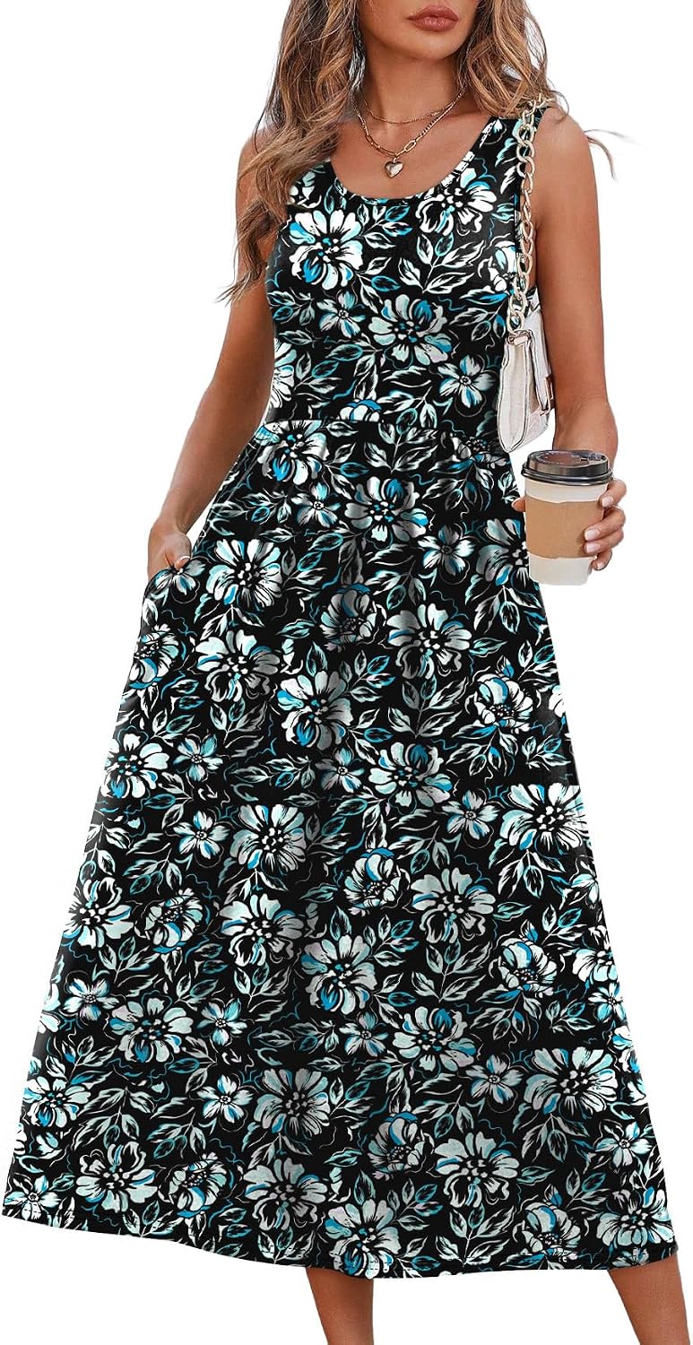 Summer Dresses for Women Flowy Casual Midi Dress Beach Vacation Sundresses with Pockets