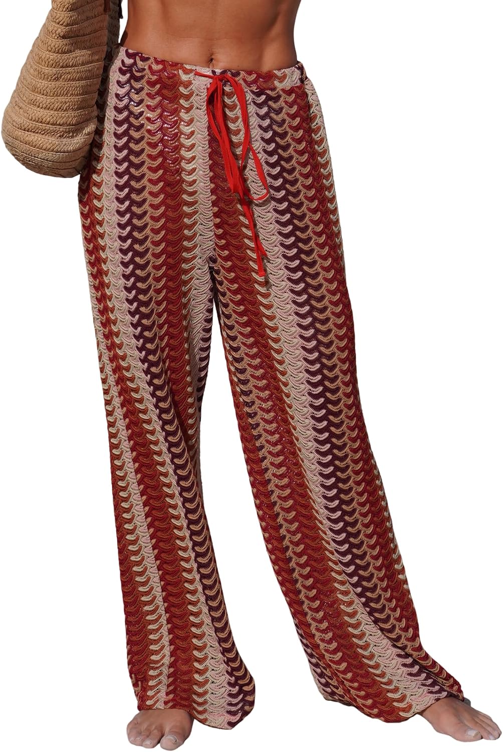 Womens Beach Cover Up Pants Sexy Crochet Drawstring Elastic Boho Swimsuit Cover Up Long Pants Beach Wear
