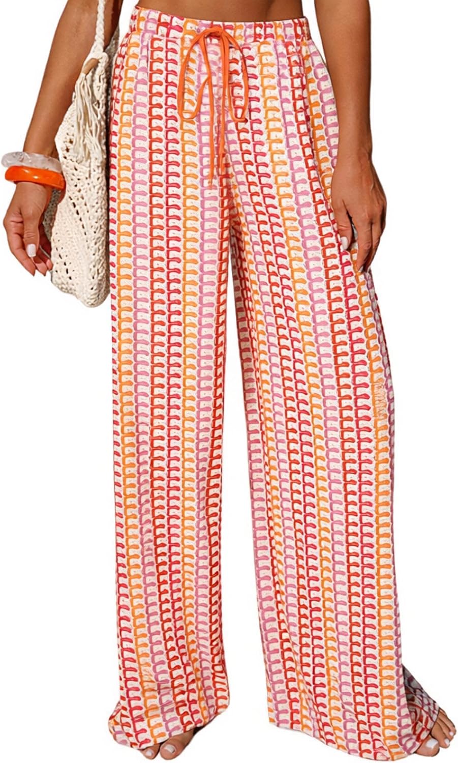 Womens Beach Cover Up Pants Sexy Crochet Drawstring Elastic Boho Swimsuit Cover Up Long Pants Beach Wear