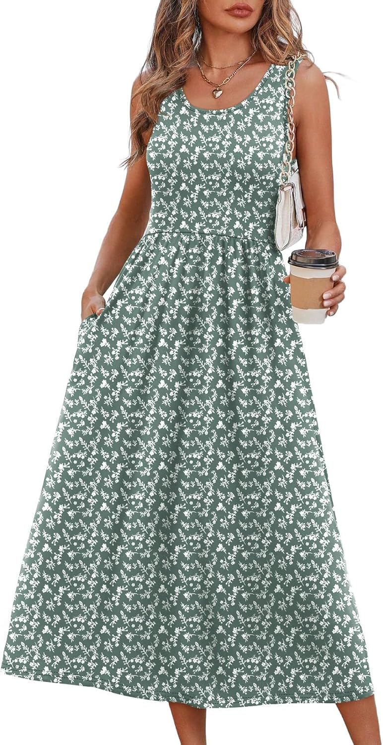 Summer Dresses for Women Flowy Casual Midi Dress Beach Vacation Sundresses with Pockets
