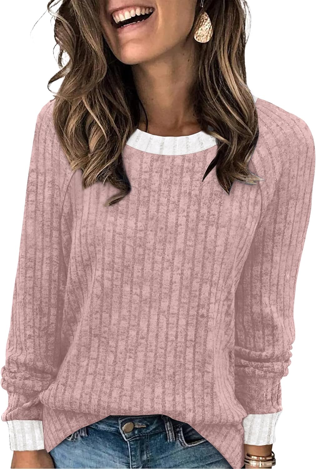 Long Sleeve Shirts for Women Lightweight Sweaters Fall Outfits 2026 Color Block Winter Clothing Dressy Casual Soft