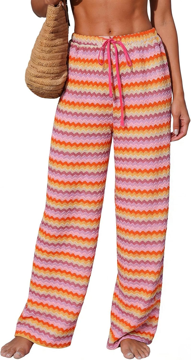 Womens Beach Cover Up Pants Sexy Crochet Drawstring Elastic Boho Swimsuit Cover Up Long Pants Beach Wear