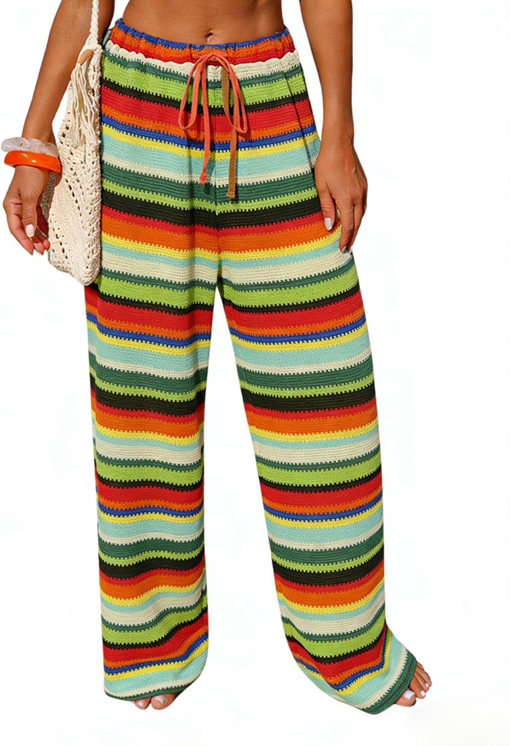Womens Beach Cover Up Pants Sexy Crochet Drawstring Elastic Boho Swimsuit Cover Up Long Pants Beach Wear