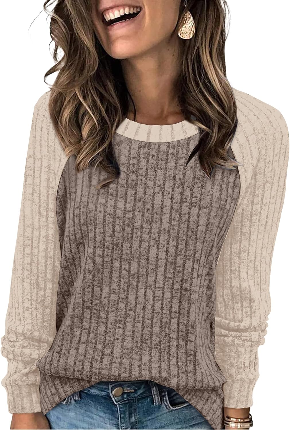 Long Sleeve Shirts for Women Lightweight Sweaters Fall Outfits 2026 Color Block Winter Clothing Dressy Casual Soft