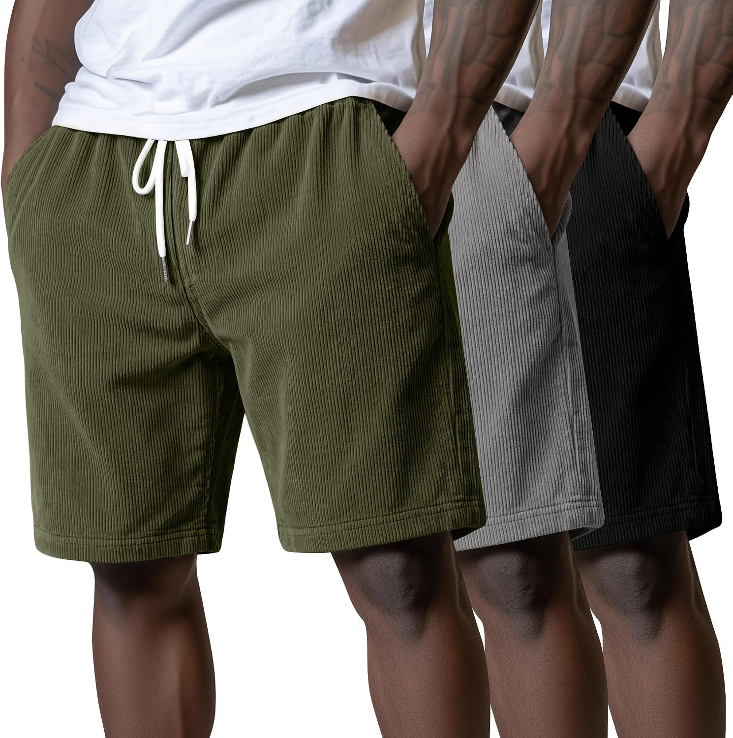 3 Pack Men's Corduroy Shorts L-5XL Big and Tall Drawstring Elastic Waist Pockets Loose Fit Casual Summer