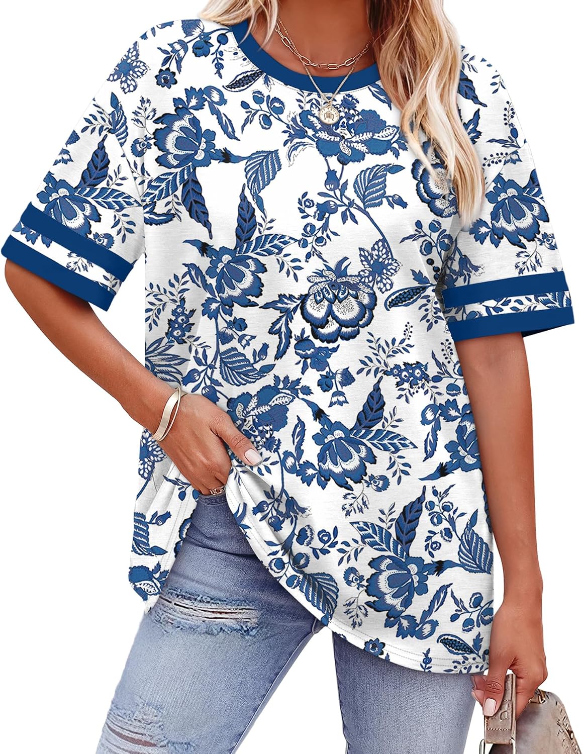 Womens T Shirts Loose Fit Short Sleeve Tees Crew Neck Color Block Summer Tops 2026 Fashion