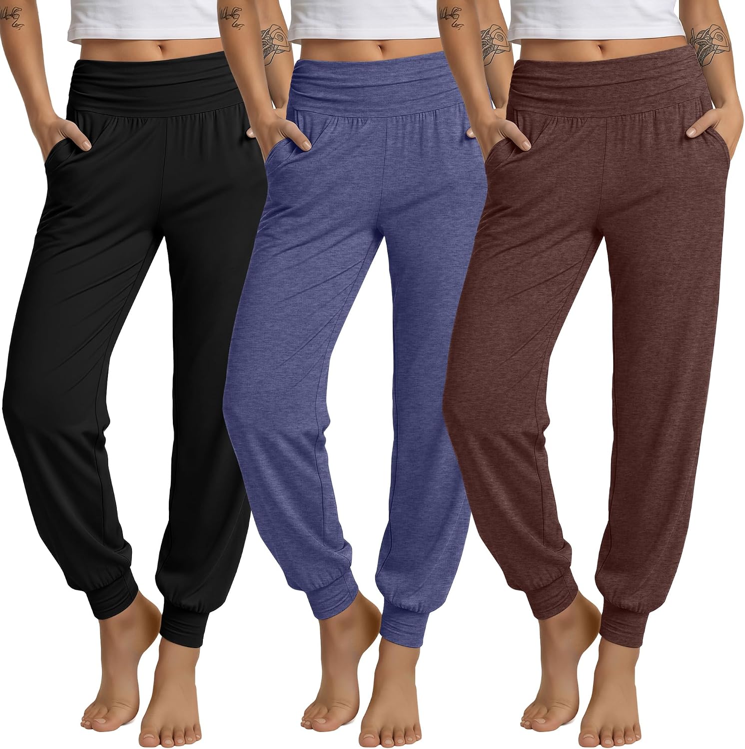 3 Pack Women's Lounge Pants Cozy Yoga Joggers with Pockets High Waisted Workout Lightweight Sweatpants Loose Fit Pants