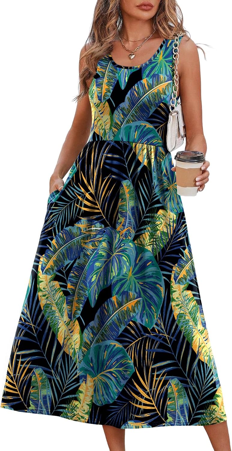 Summer Dresses for Women Flowy Casual Midi Dress Beach Vacation Sundresses with Pockets