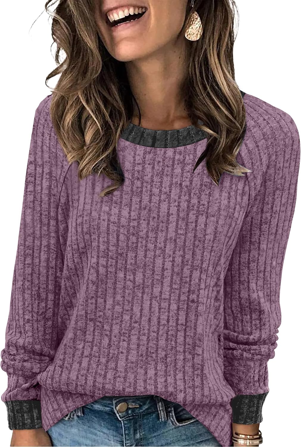 Long Sleeve Shirts for Women Lightweight Sweaters Fall Outfits 2026 Color Block Winter Clothing Dressy Casual Soft