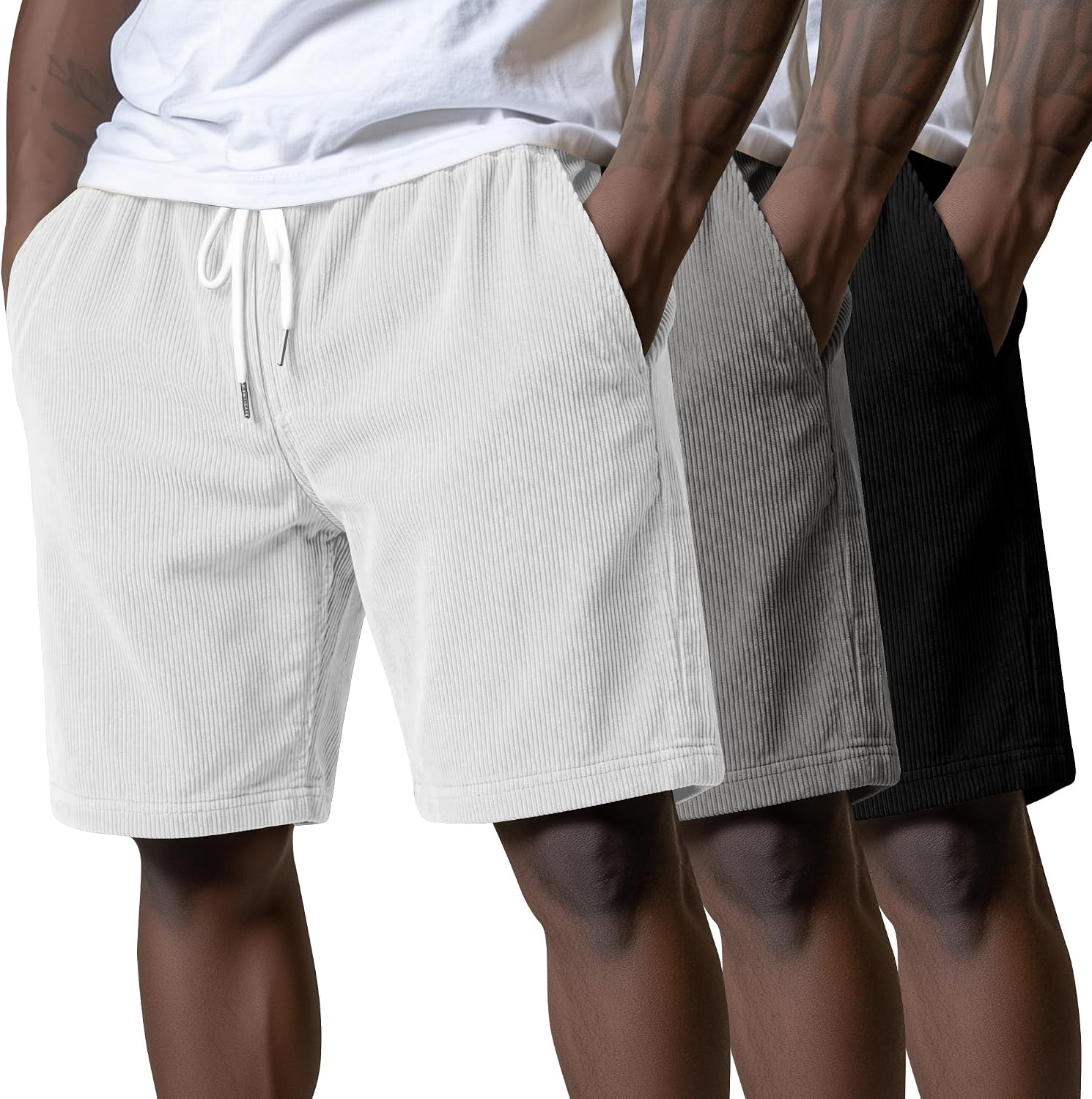3 Pack Men's Corduroy Shorts L-5XL Big and Tall Drawstring Elastic Waist Pockets Loose Fit Casual Summer