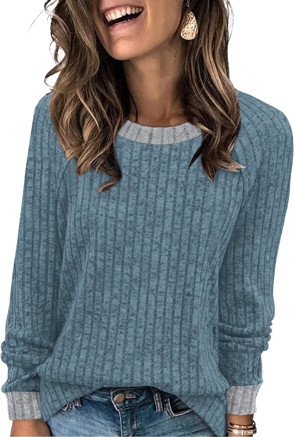 Long Sleeve Shirts for Women Lightweight Sweaters Fall Outfits 2026 Color Block Winter Clothing Dressy Casual Soft
