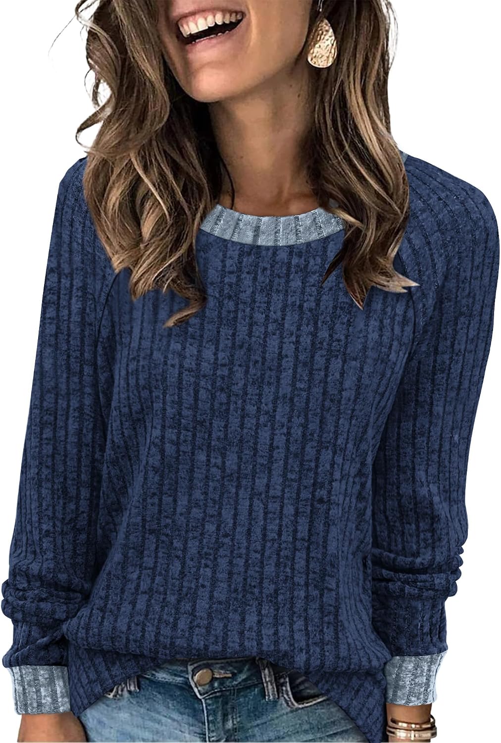 Long Sleeve Shirts for Women Lightweight Sweaters Fall Outfits 2026 Color Block Winter Clothing Dressy Casual Soft