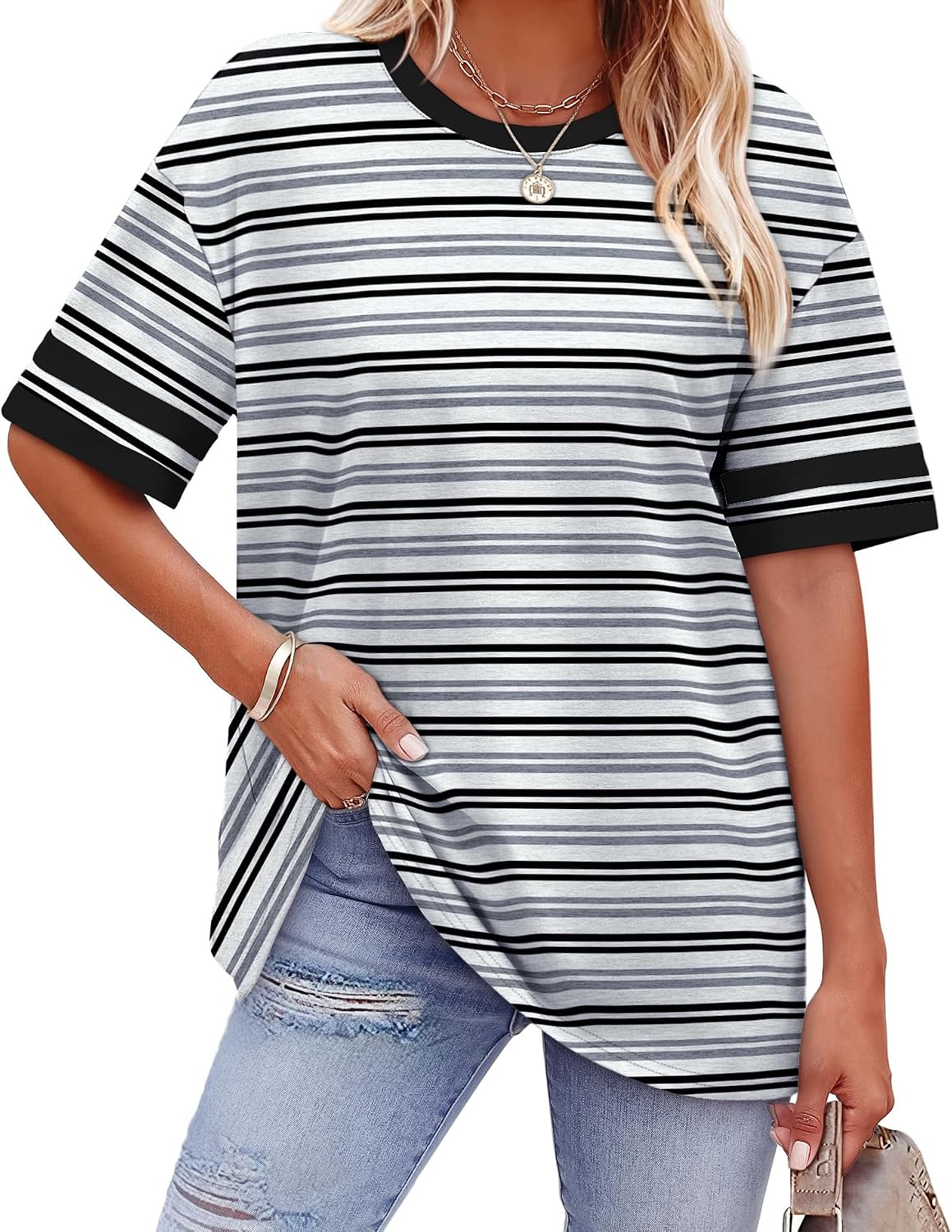 Womens T Shirts Loose Fit Short Sleeve Tees Crew Neck Color Block Summer Tops 2026 Fashion