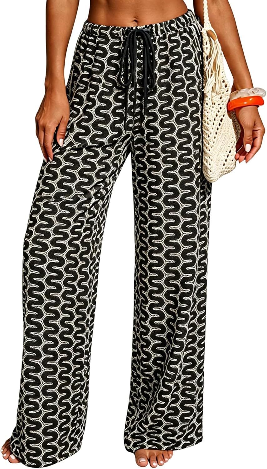 Womens Beach Cover Up Pants Sexy Crochet Drawstring Elastic Boho Swimsuit Cover Up Long Pants Beach Wear