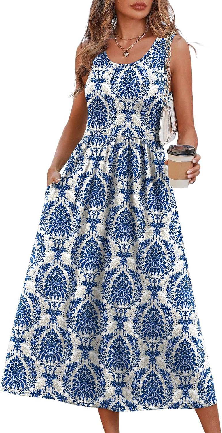 Summer Dresses for Women Flowy Casual Midi Dress Beach Vacation Sundresses with Pockets