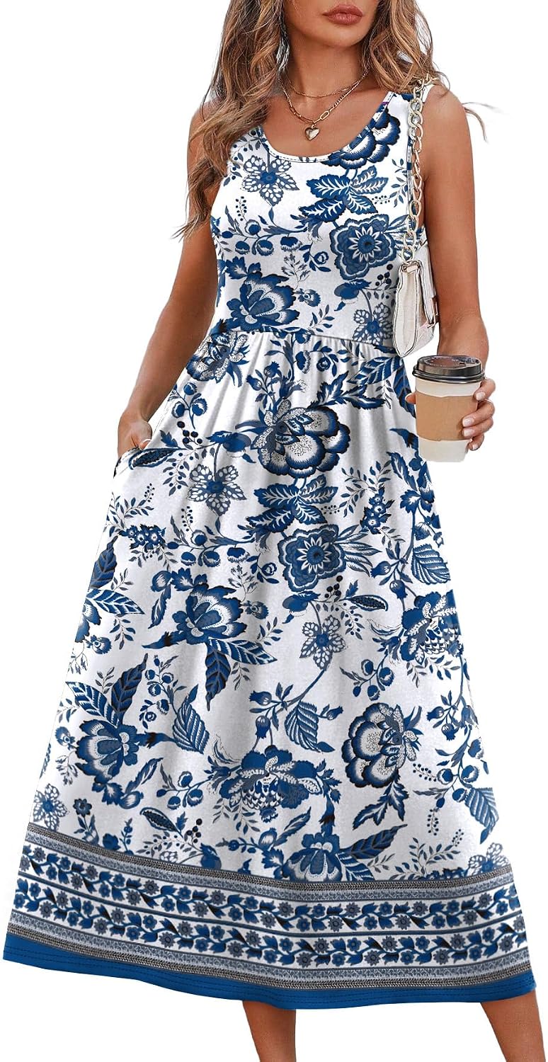 Summer Dresses for Women Flowy Casual Midi Dress Beach Vacation Sundresses with Pockets