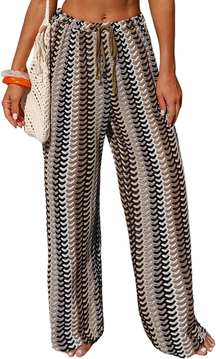 Womens Beach Cover Up Pants Sexy Crochet Drawstring Elastic Boho Swimsuit Cover Up Long Pants Beach Wear