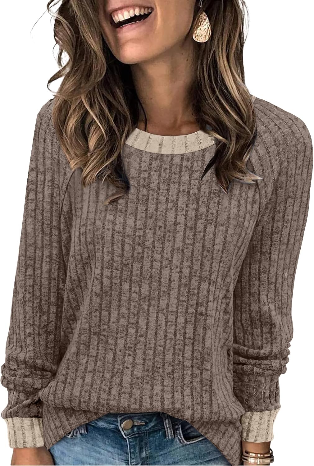 Long Sleeve Shirts for Women Lightweight Sweaters Fall Outfits 2026 Color Block Winter Clothing Dressy Casual Soft