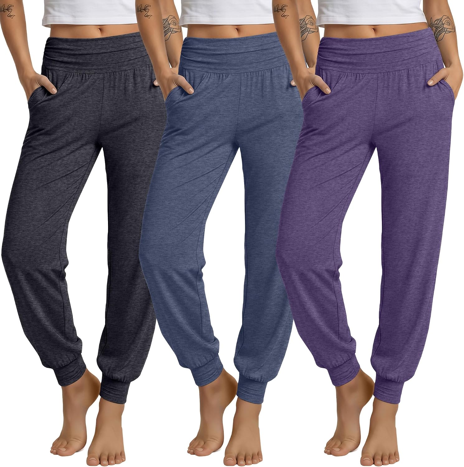 3 Pack Women's Lounge Pants Cozy Yoga Joggers with Pockets High Waisted Workout Lightweight Sweatpants Loose Fit Pants