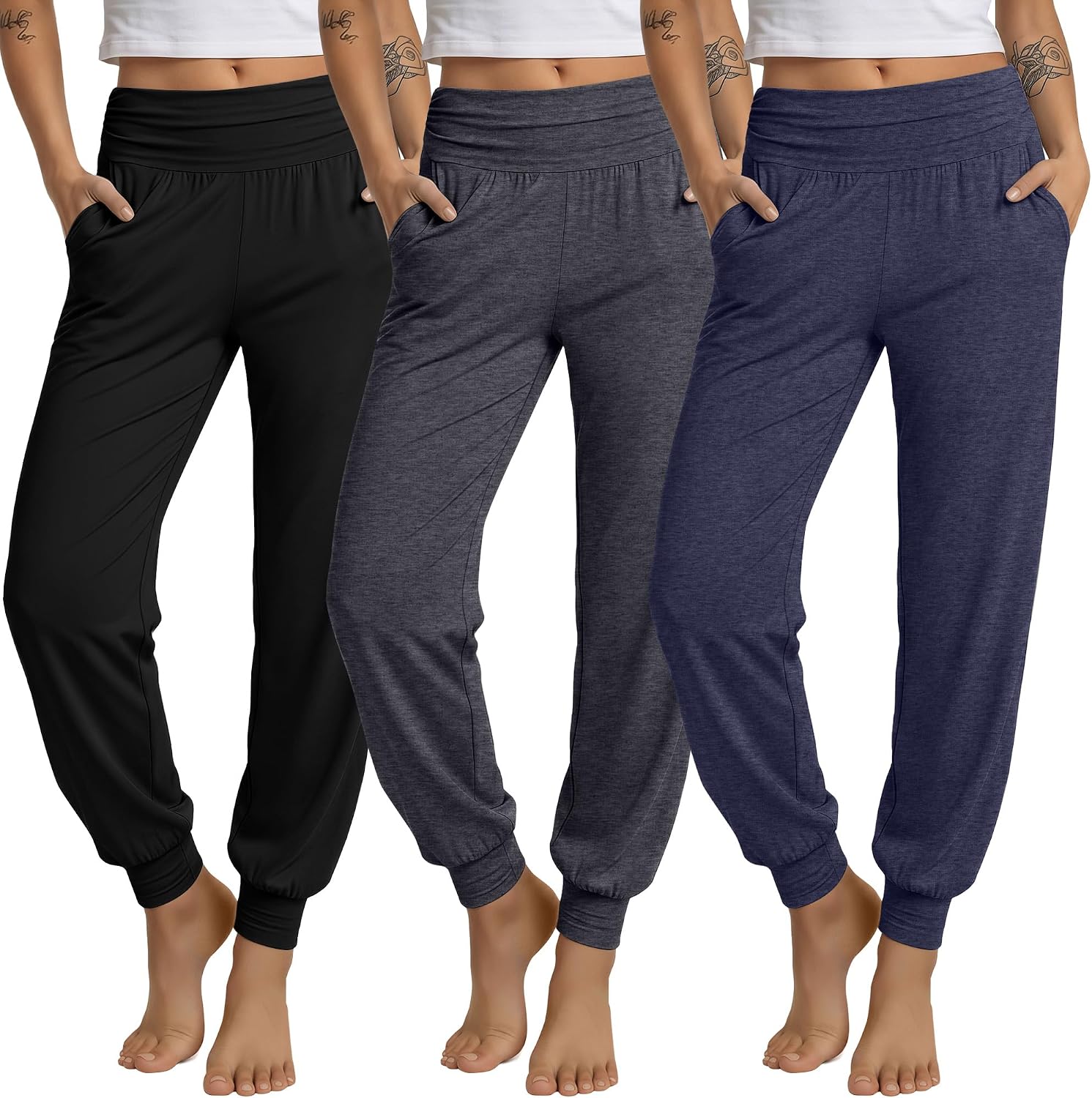 3 Pack Women's Lounge Pants Cozy Yoga Joggers with Pockets High Waisted Workout Lightweight Sweatpants Loose Fit Pants