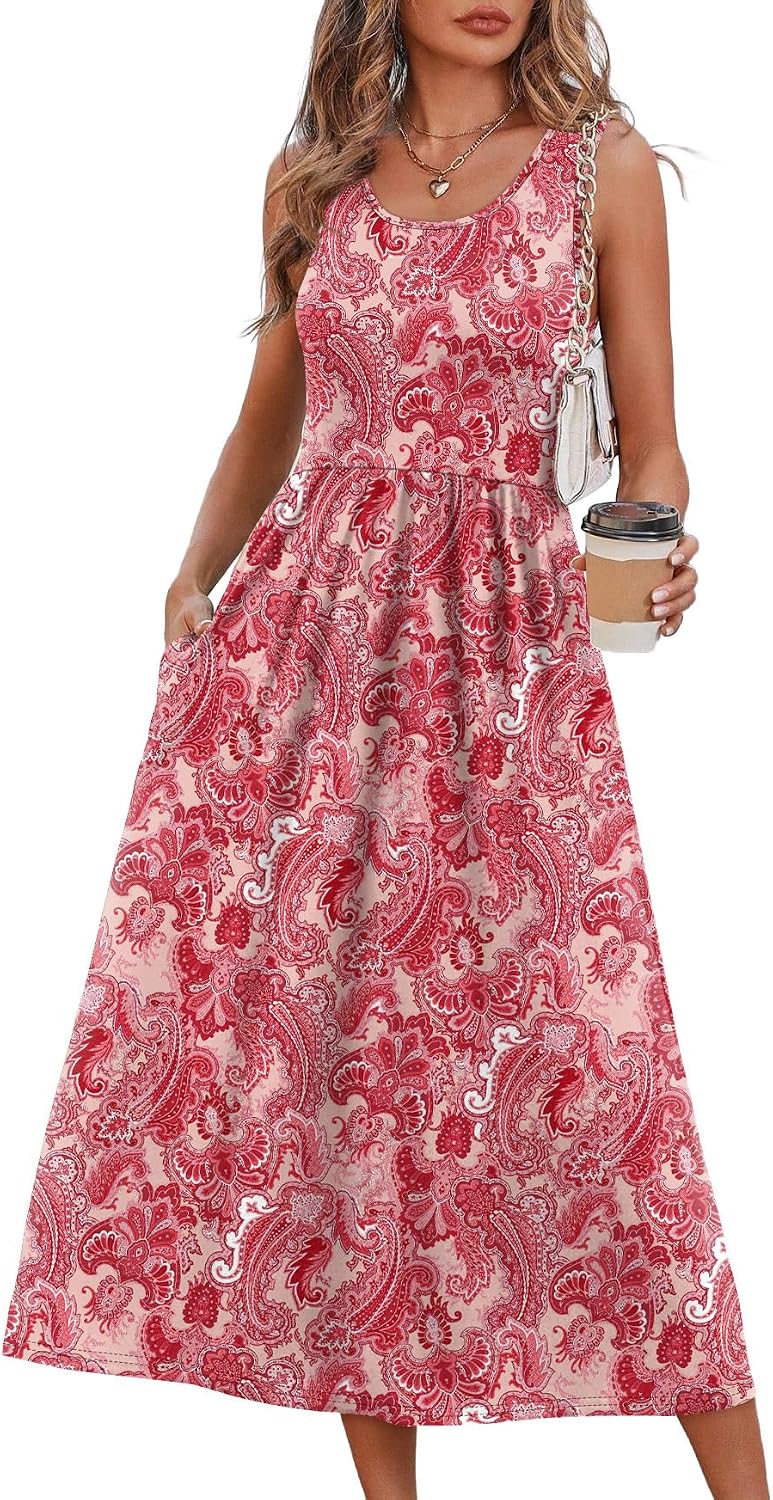 Summer Dresses for Women Flowy Casual Midi Dress Beach Vacation Sundresses with Pockets
