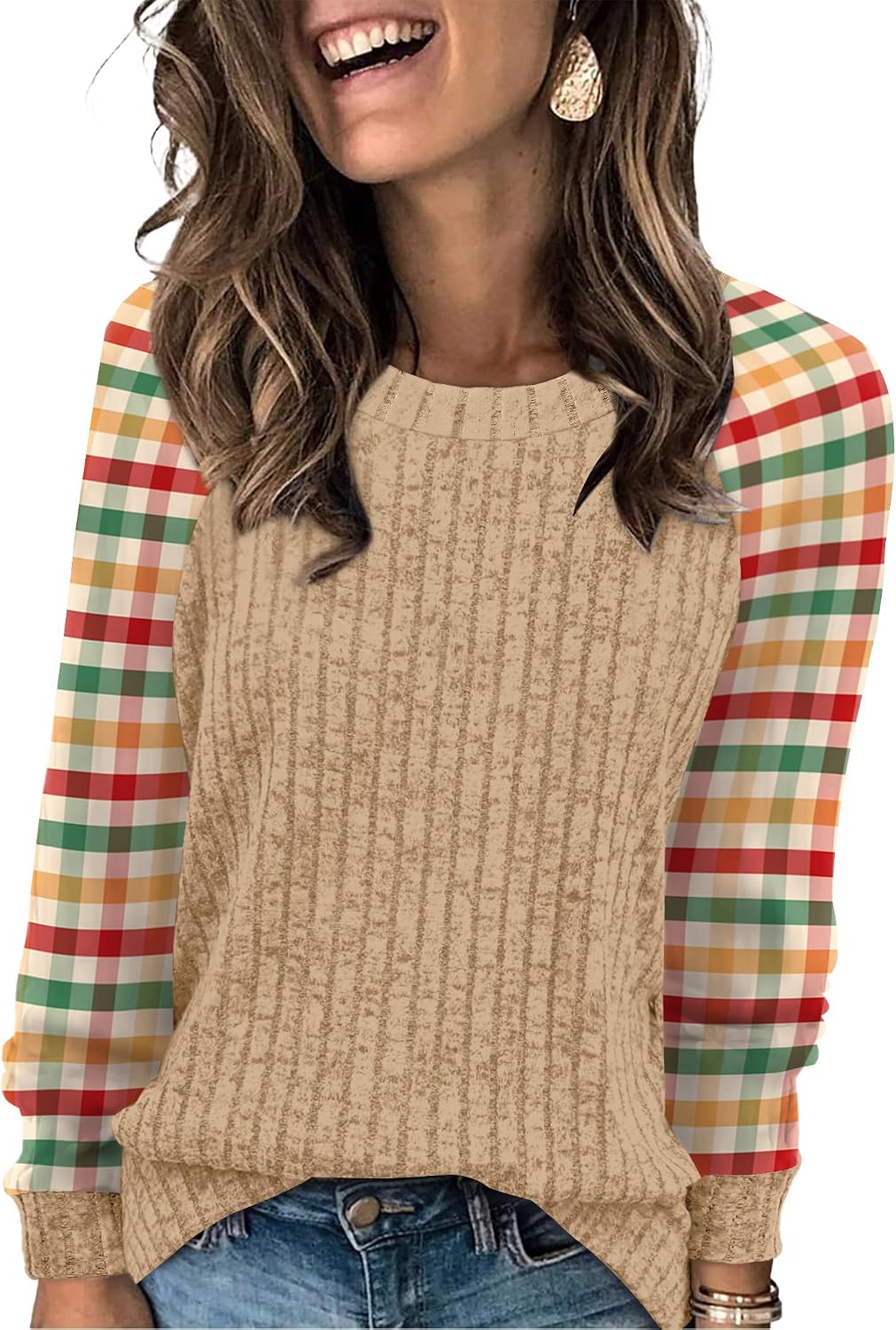 Long Sleeve Shirts for Women Lightweight Sweaters Fall Outfits 2026 Color Block Winter Clothing Dressy Casual Soft