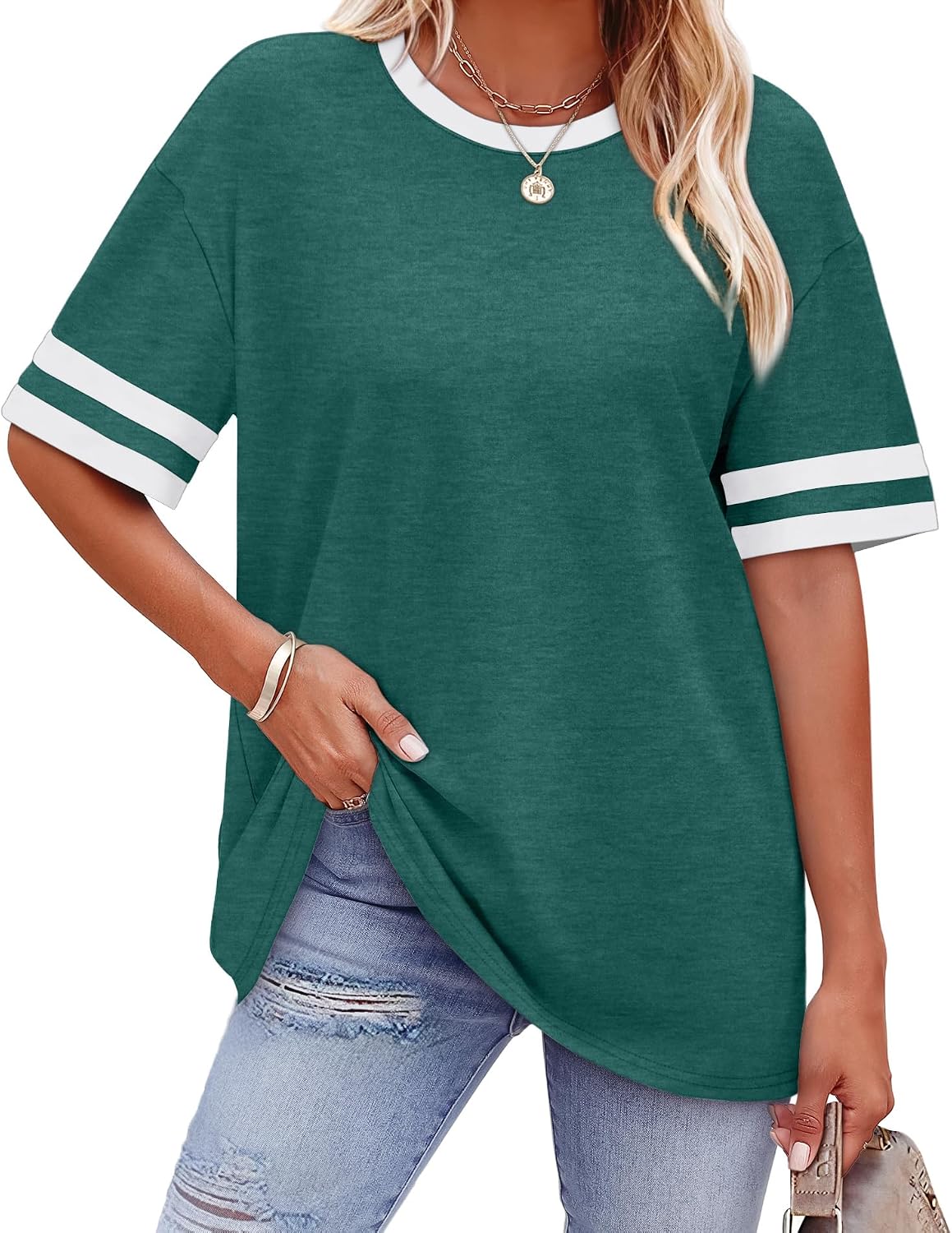 Womens T Shirts Loose Fit Short Sleeve Tees Crew Neck Color Block Summer Tops 2026 Fashion